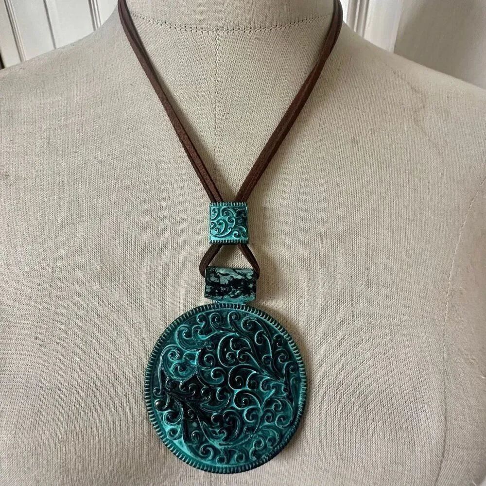 Boho Patina Verdigris Statement Pendant Necklace